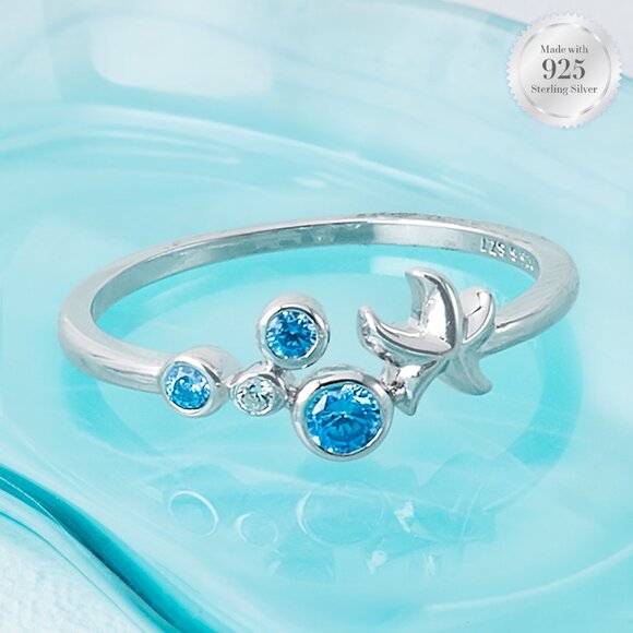 Starfish Ring with Blue Aquamarine Gemstones, Charmed Aroma Mermaid 925 Sterling - Picture 2 of 4